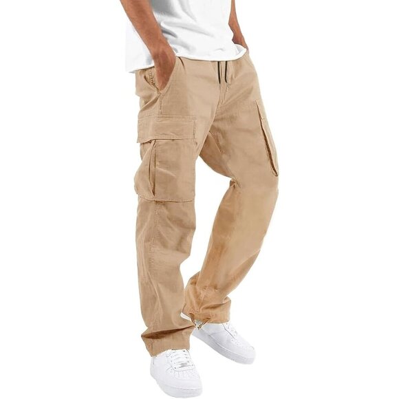 Mens Cargo Pants Drawstring Casual Hiking Pants Joggers Athletic Trousers Cotton